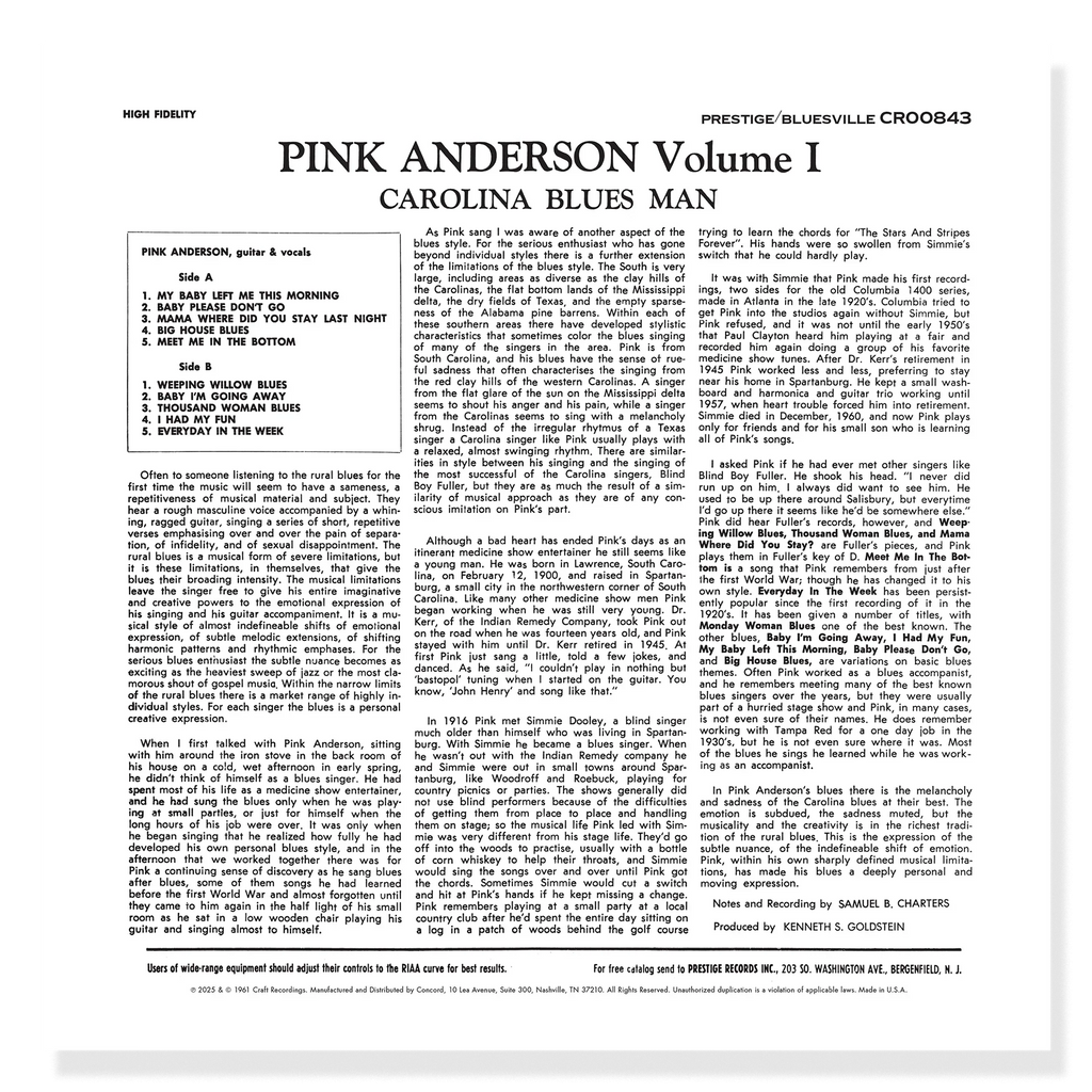 Pink Anderson - Volume 1: Carolina Blues Man - Bluesville Acoustic Sounds Series LP