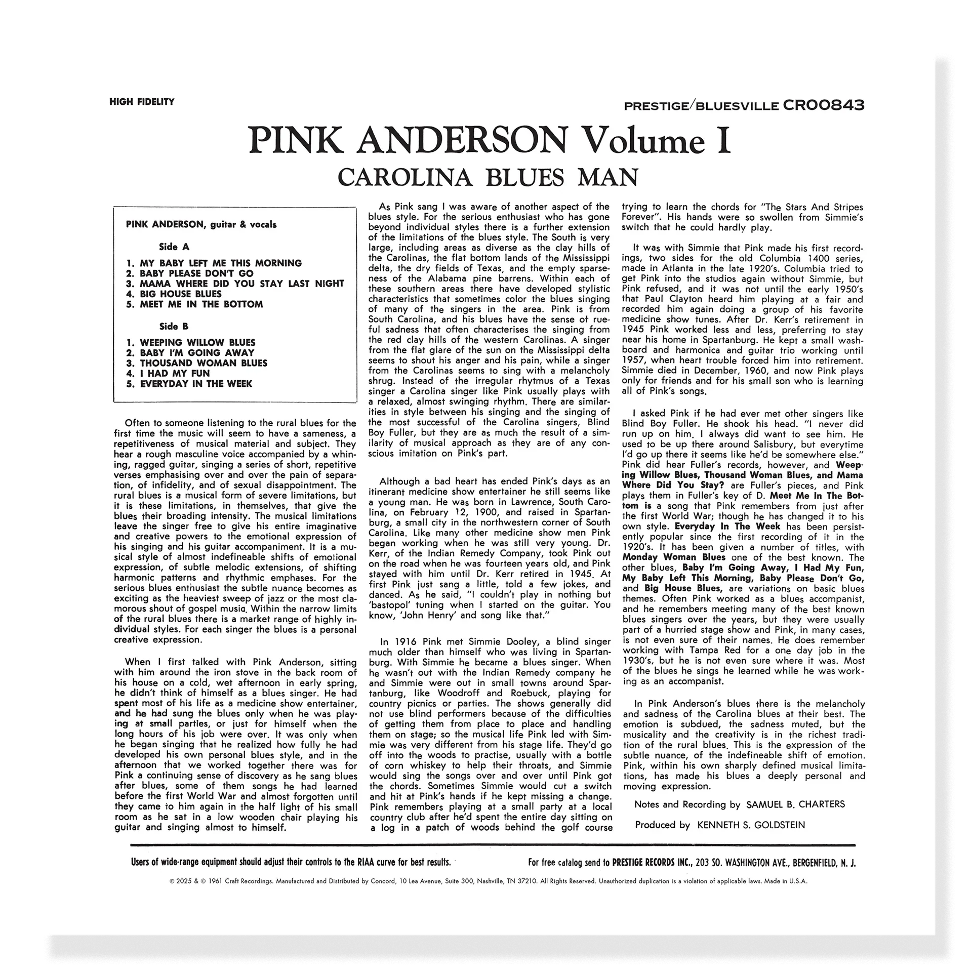 Pink Anderson - Volume 1: Carolina Blues Man - Bluesville Acoustic Sounds Series LP