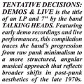 Talking Heads - Tentative Decisions: Demos & Live ( VINYL ) + 7"