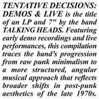 Talking Heads - Tentative Decisions: Demos & Live ( VINYL ) + 7"